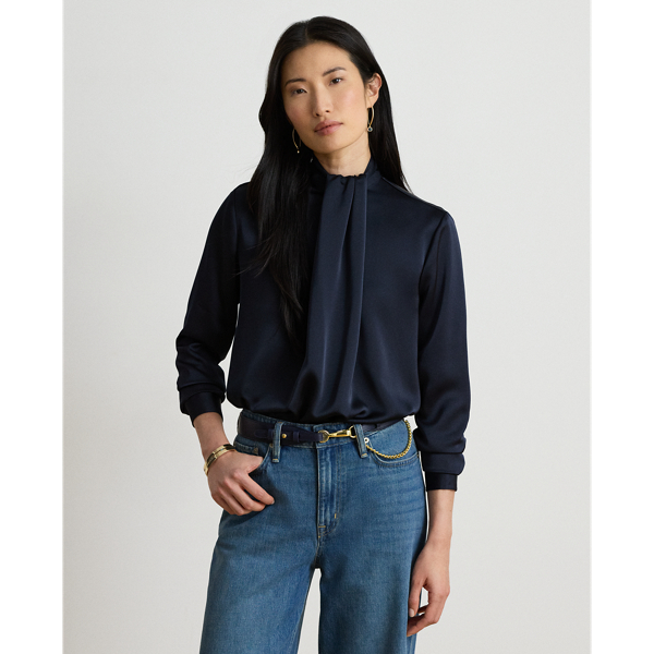 Blusa de Gola Alta em Cetim com Plissado