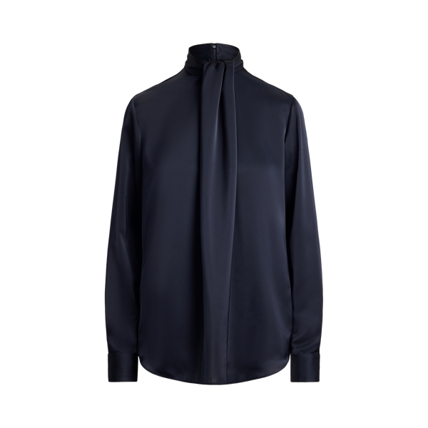 Blusa de Gola Alta em Cetim com Plissado