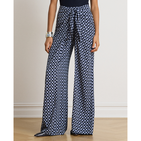 Print Tie-Front Crepe Wide-Leg Trousers