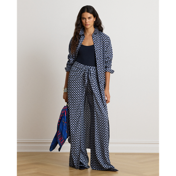 Print Tie-Front Crepe Wide-Leg Trousers