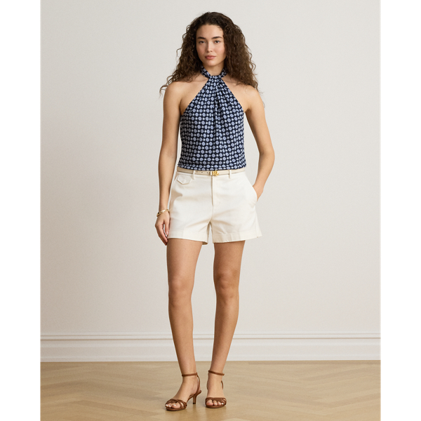 Print Twist-Front Crepe Halter Blouse