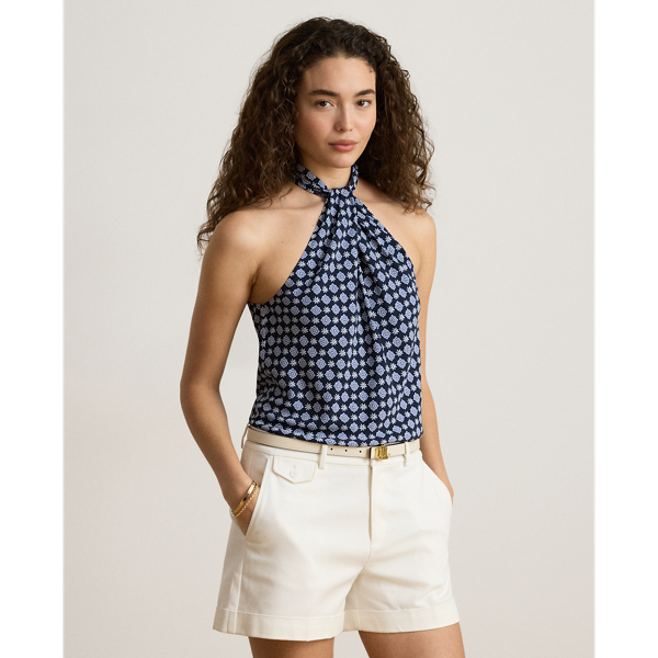 Print Twist-Front Crepe Halter Blouse