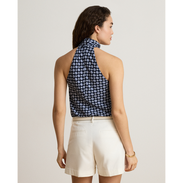 Print Twist-Front Crepe Halter Blouse