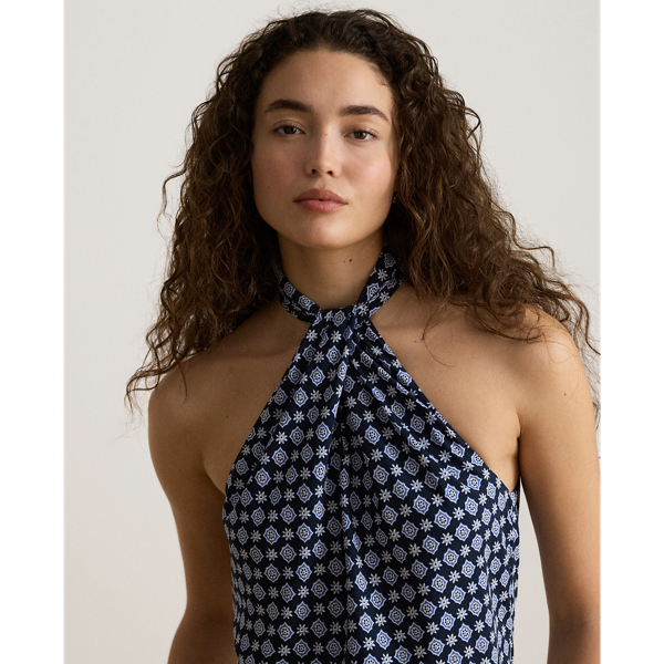 Print Twist-Front Crepe Halter Blouse