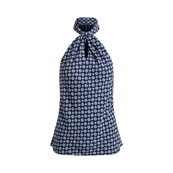 Print Twist-Front Crepe Halter Blouse