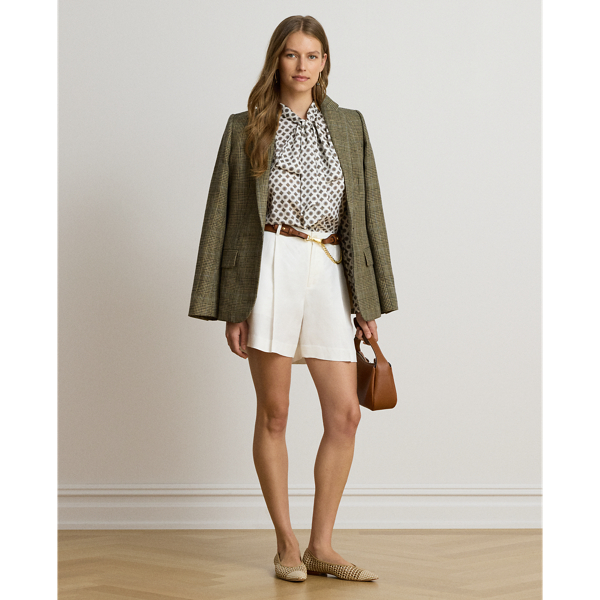 Foulard-Print Twill Tie-Neck Blouse