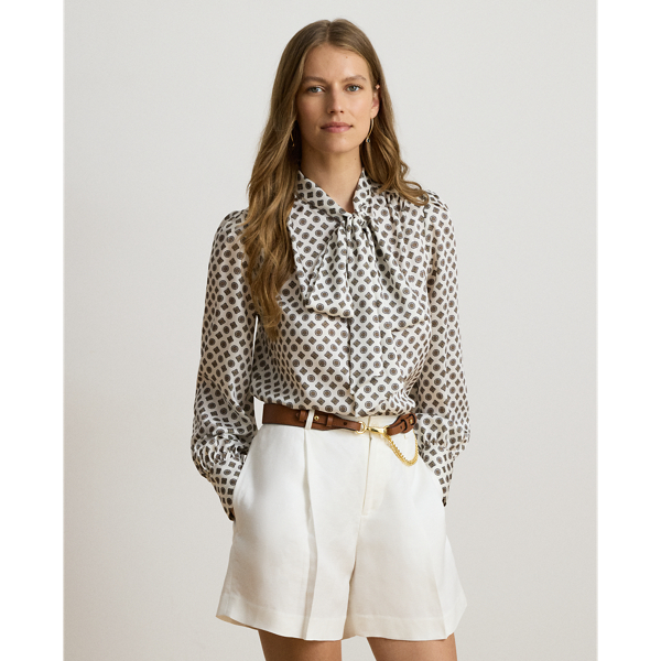 Foulard-Print Twill Tie-Neck Blouse