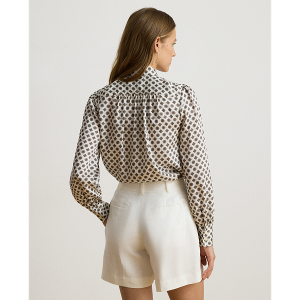 Foulard-Print Twill Tie-Neck Blouse