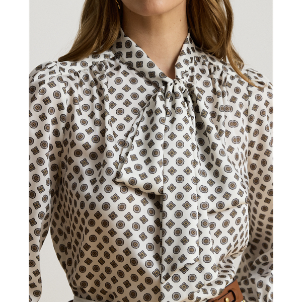 Foulard-Print Twill Tie-Neck Blouse