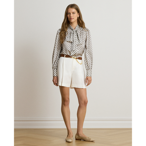 Foulard-Print Twill Tie-Neck Blouse