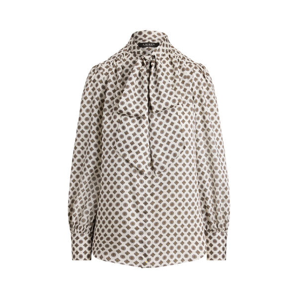 Foulard-Print Twill Tie-Neck Blouse
