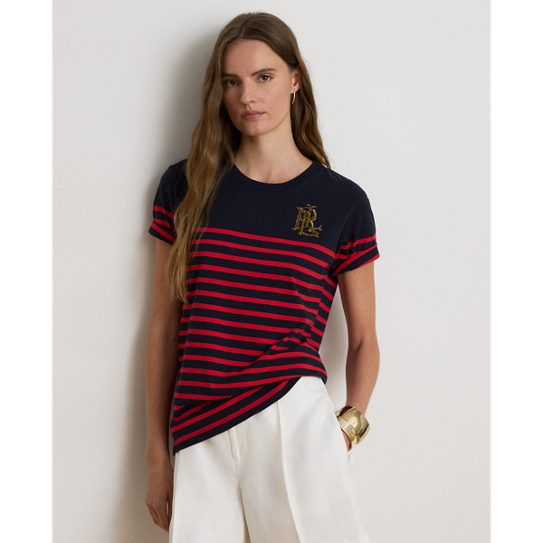 T-shirt em malha de algod&atilde;o &agrave;s riscas