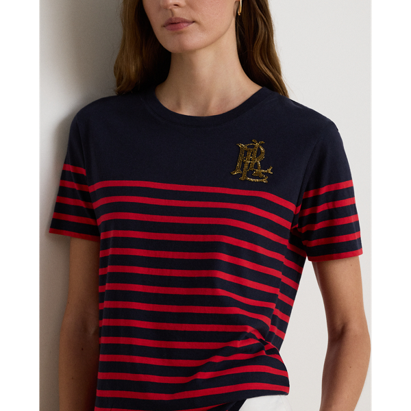 T-shirt em malha de algod&atilde;o &agrave;s riscas