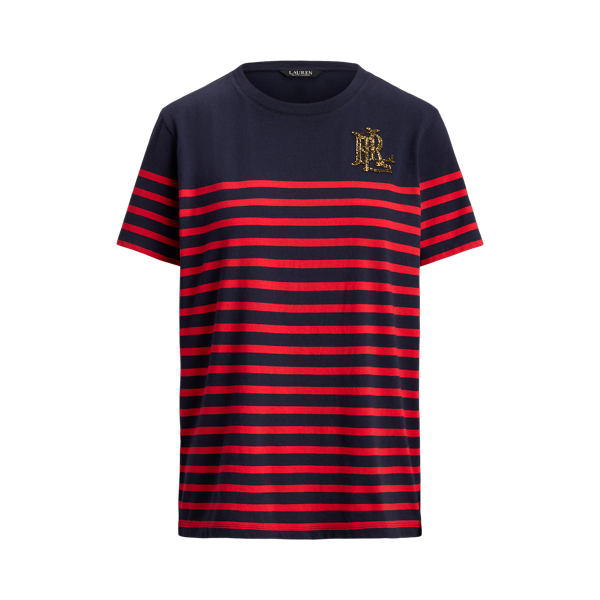 T-shirt em malha de algod&atilde;o &agrave;s riscas