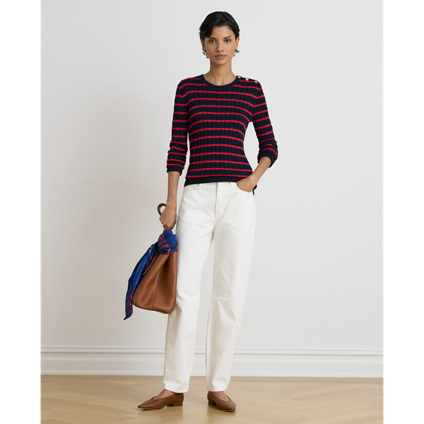 Striped Button-Trim Cable-Knit Jumper
