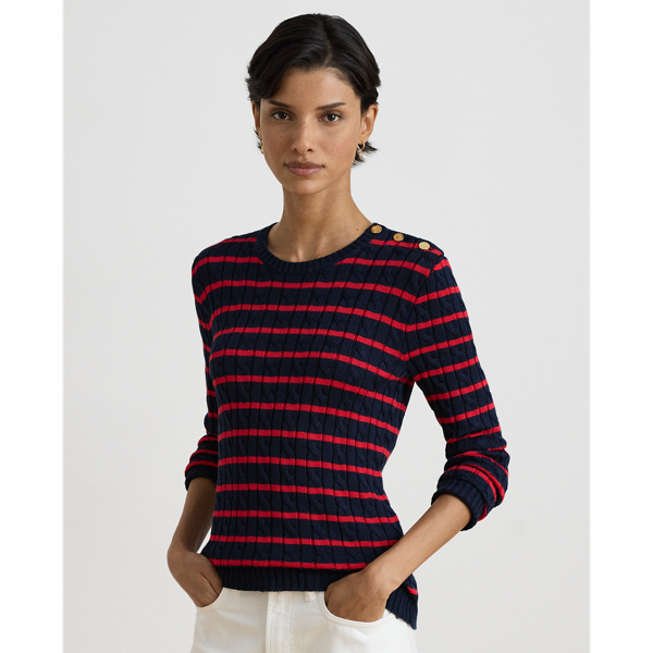 Striped Button-Trim Cable-Knit Jumper
