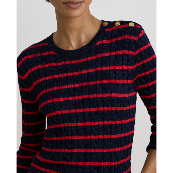 Striped Button-Trim Cable-Knit Jumper