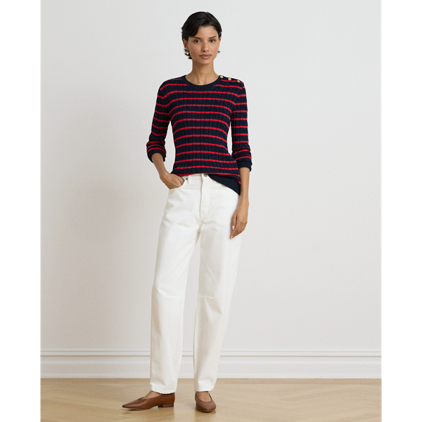 Striped Button-Trim Cable-Knit Jumper
