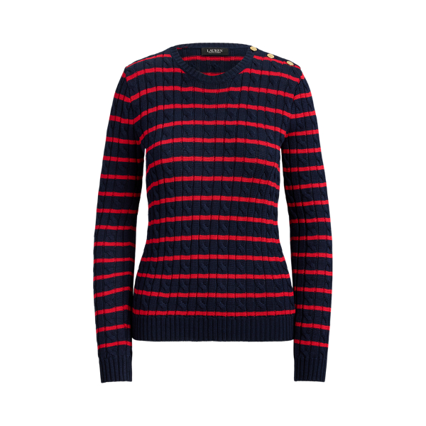 Striped Button-Trim Cable-Knit Jumper
