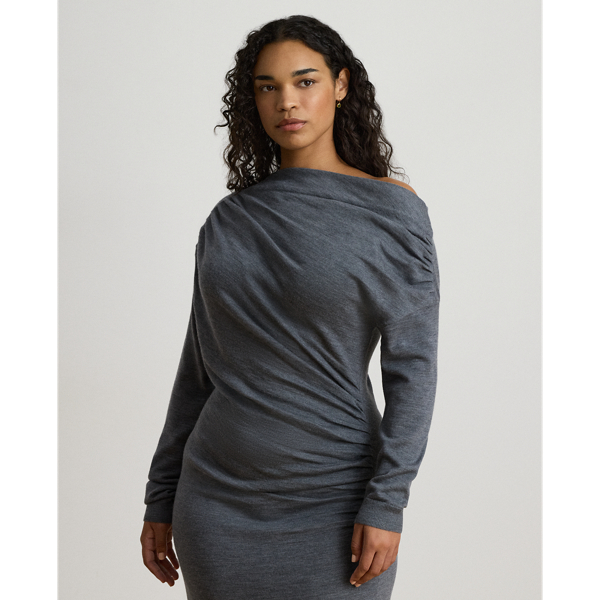 Pleated Wool Off-the-Shoulder Dress
