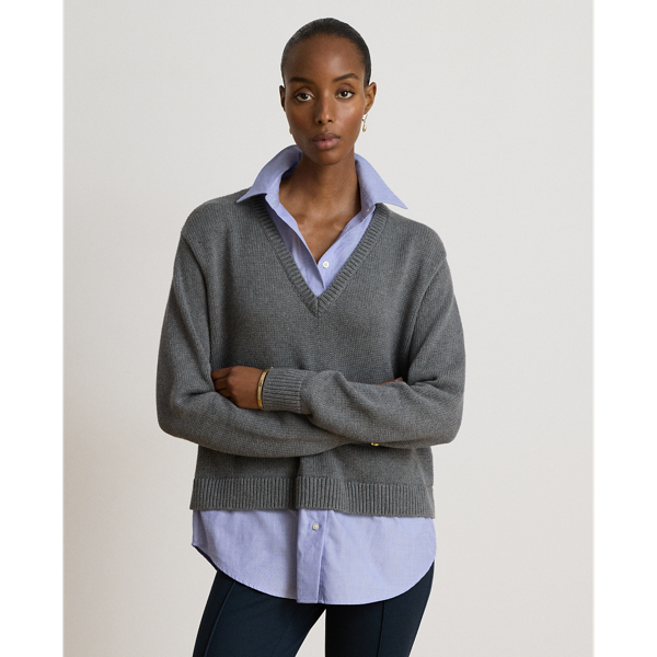 Layered Button-Trim Heathered Jumper