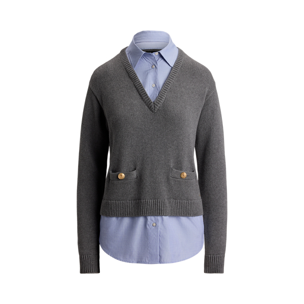 Layered Button-Trim Heathered Jumper