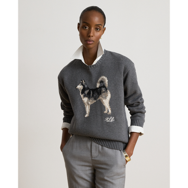 Melierter Strickpullover mit Husky-Motiv