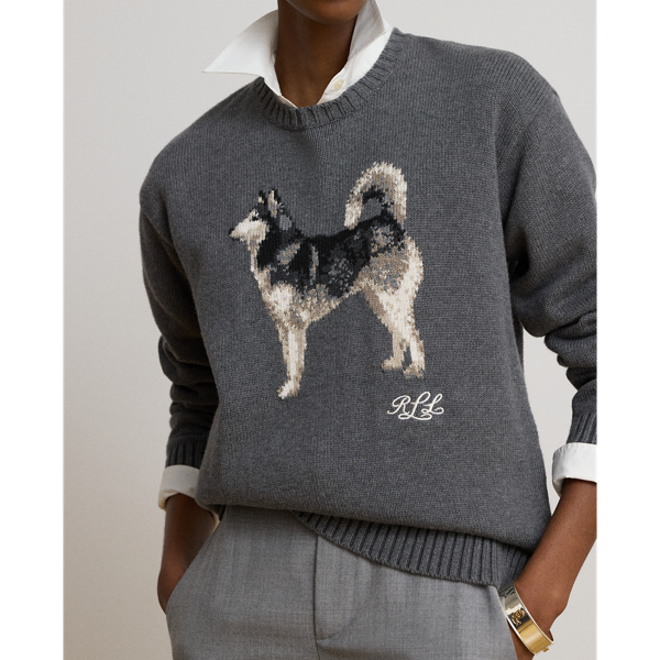 Melierter Strickpullover mit Husky-Motiv