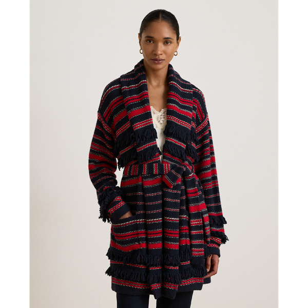 Cardigan a righe con cintura e frange