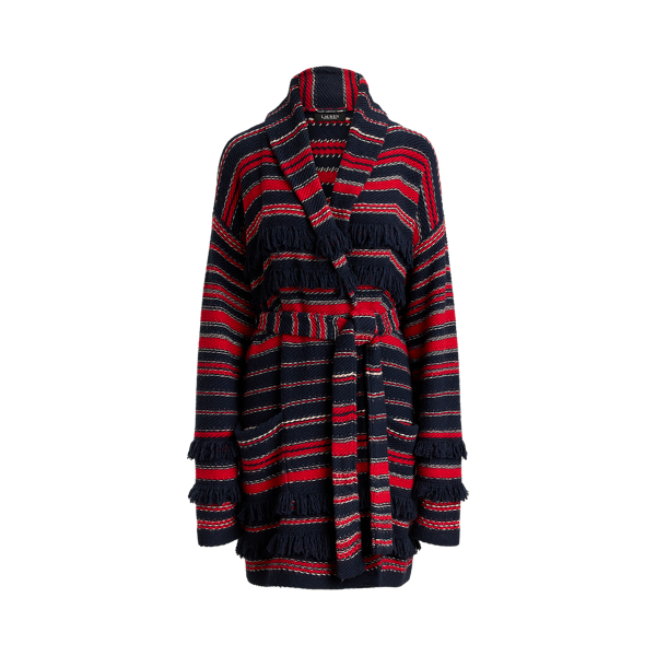 Cardigan a righe con cintura e frange