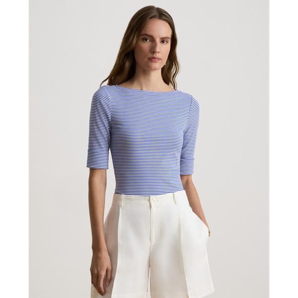 Striped Stretch Cotton Boatneck T-Shirt