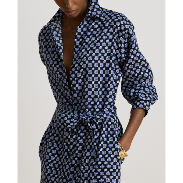 Foulard-Print Linen Shirtdress