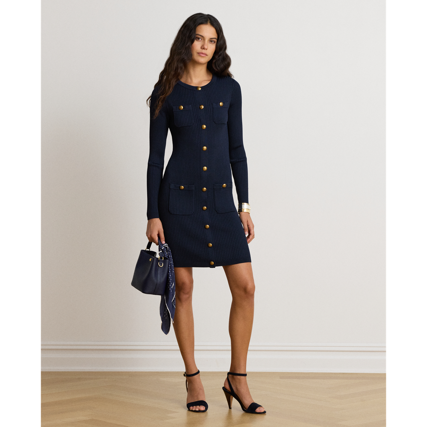 Женское платье Ralph Lauren Button-Trim Rib-Knit Sweater Dress, цвет: Тёмно-синий — фото 4