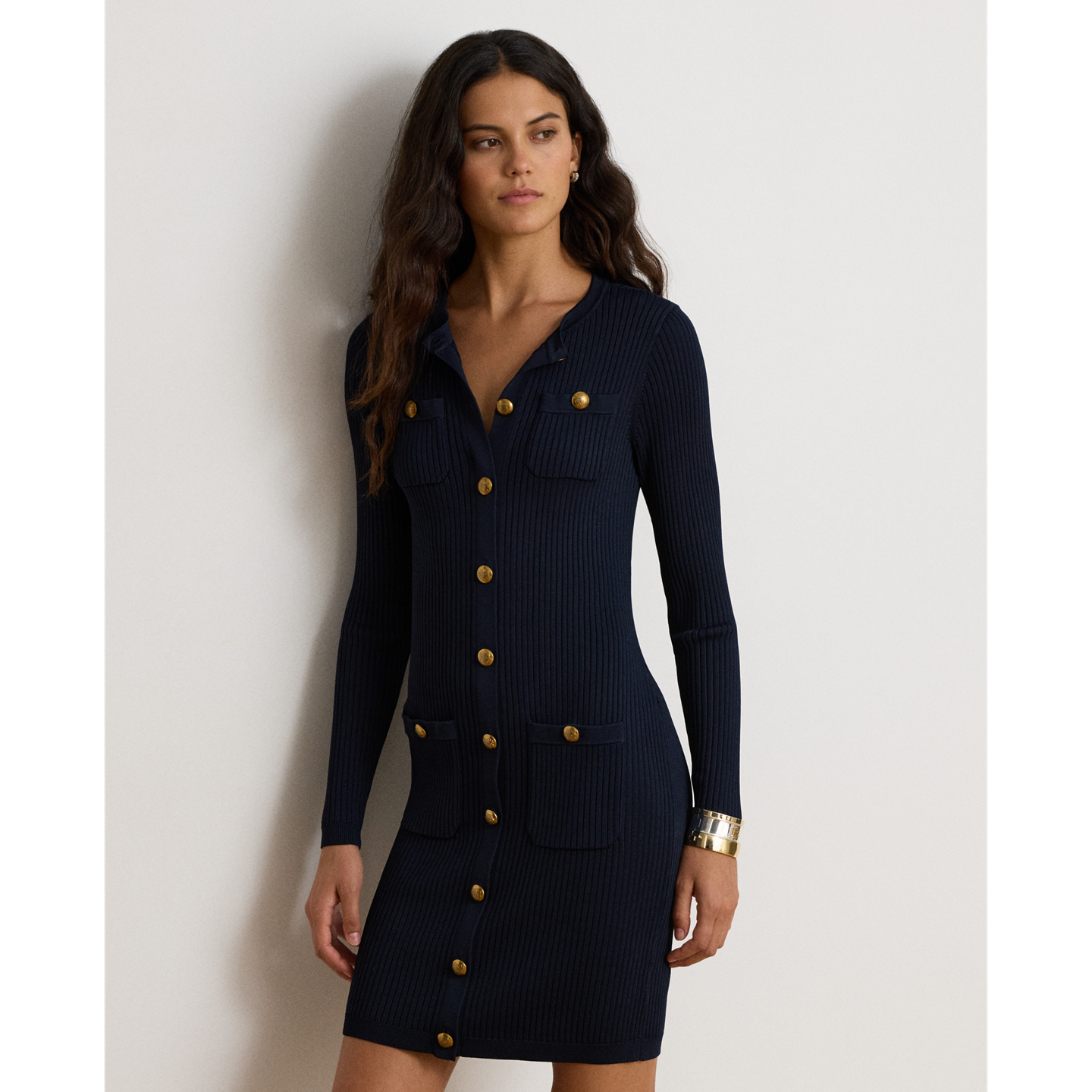 Женское платье Ralph Lauren Button-Trim Rib-Knit Sweater Dress, цвет: Тёмно-синий — фото 1