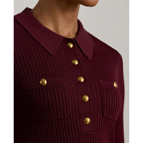 Rib-Knit Long-Sleeve Polo Sweater