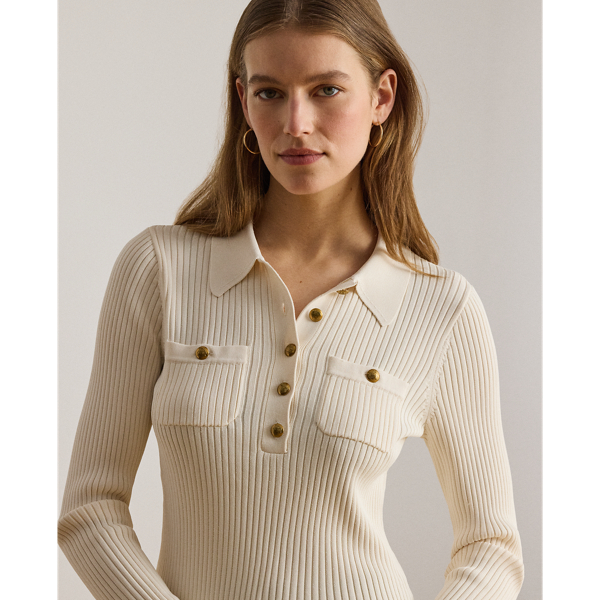 Rib-Knit Long-Sleeve Polo Jumper