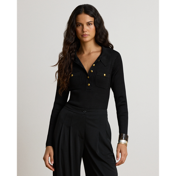 Rib-Knit Long-Sleeve Polo Sweater