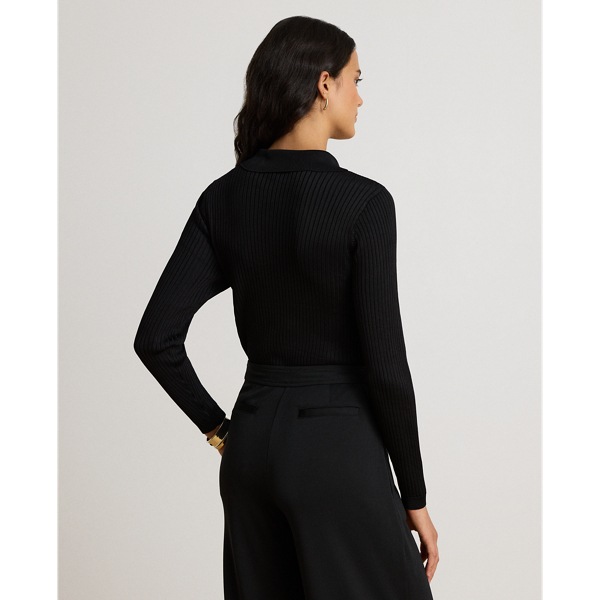 Rib-Knit Long-Sleeve Polo Sweater