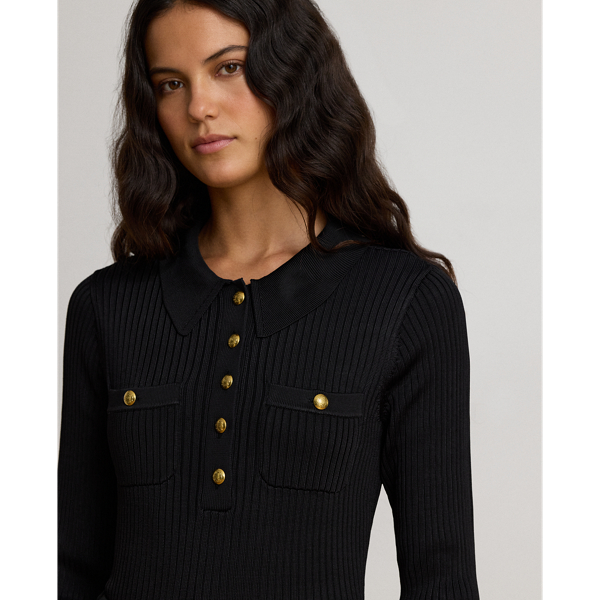 Rib-Knit Long-Sleeve Polo Sweater