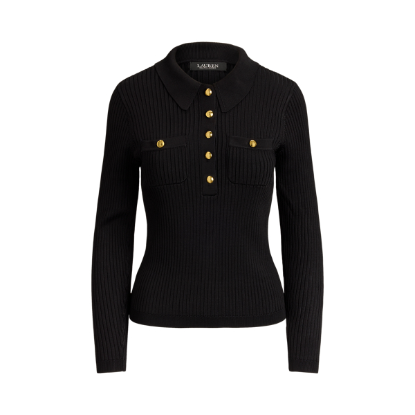 Rib-Knit Long-Sleeve Polo Sweater