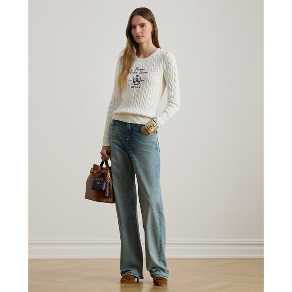 Zopfmusterpullover mit gesticktem Wappen Lauren in Wei&szlig; 4