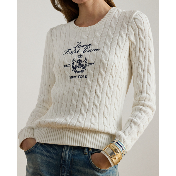 Zopfmusterpullover mit gesticktem Wappen Lauren in Wei&szlig; 6