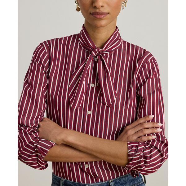 Striped Cotton Broadcloth Tie-Neck Shirt
