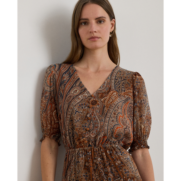 Paisley Belted Crinkle Georgette Dress