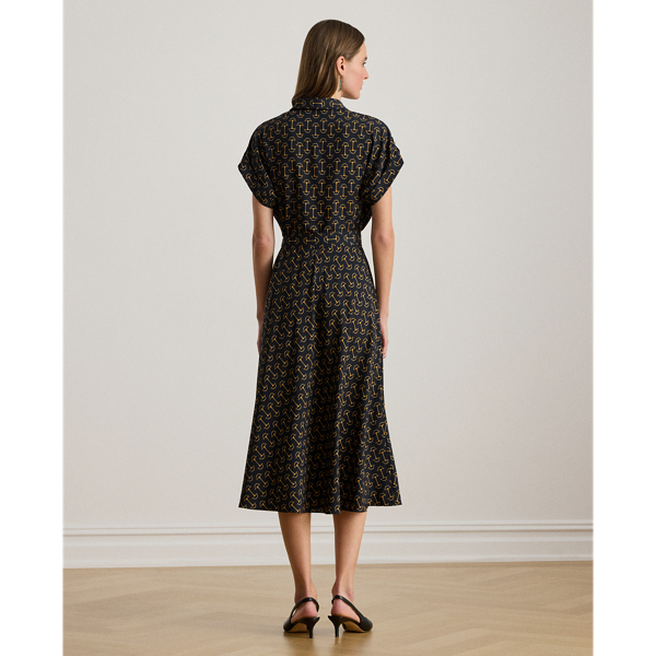 Geo-Print Belted Crepe Dress