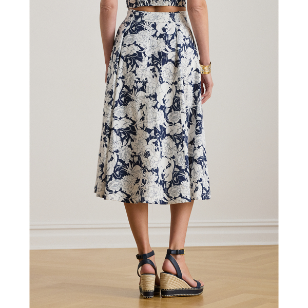 Floral Button-Front Linen Midi Skirt