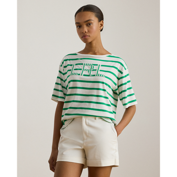 Lauren ストライプド ビーデッドロゴ コットン ジャージー Tシャツ ホワイト/ステム 1
