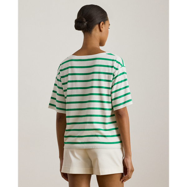 Lauren ストライプド ビーデッドロゴ コットン ジャージー Tシャツ ホワイト/ステム 5