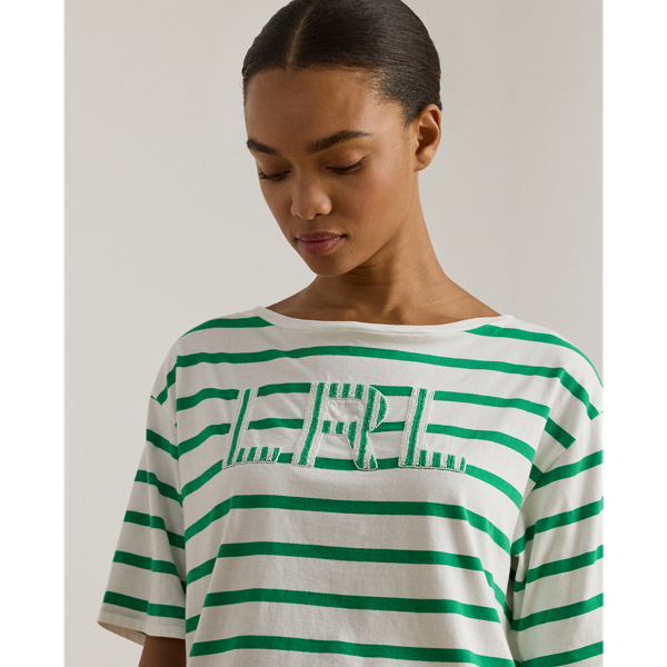 Lauren ストライプド ビーデッドロゴ コットン ジャージー Tシャツ ホワイト/ステム 6