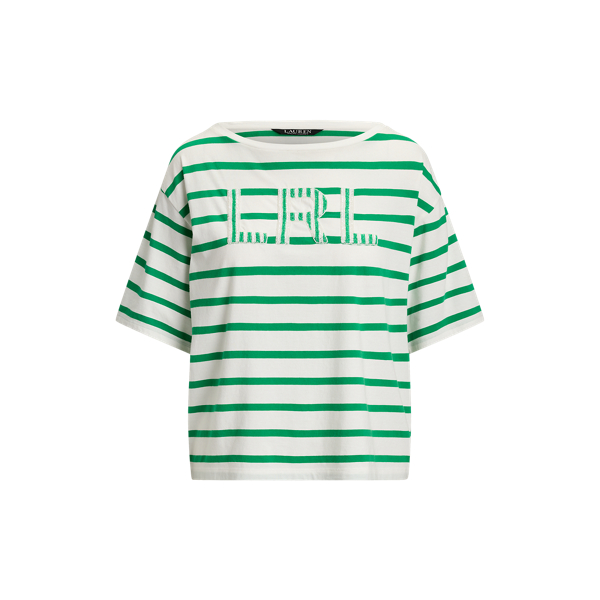 Lauren ストライプド ビーデッドロゴ コットン ジャージー Tシャツ ホワイト/ステム 2